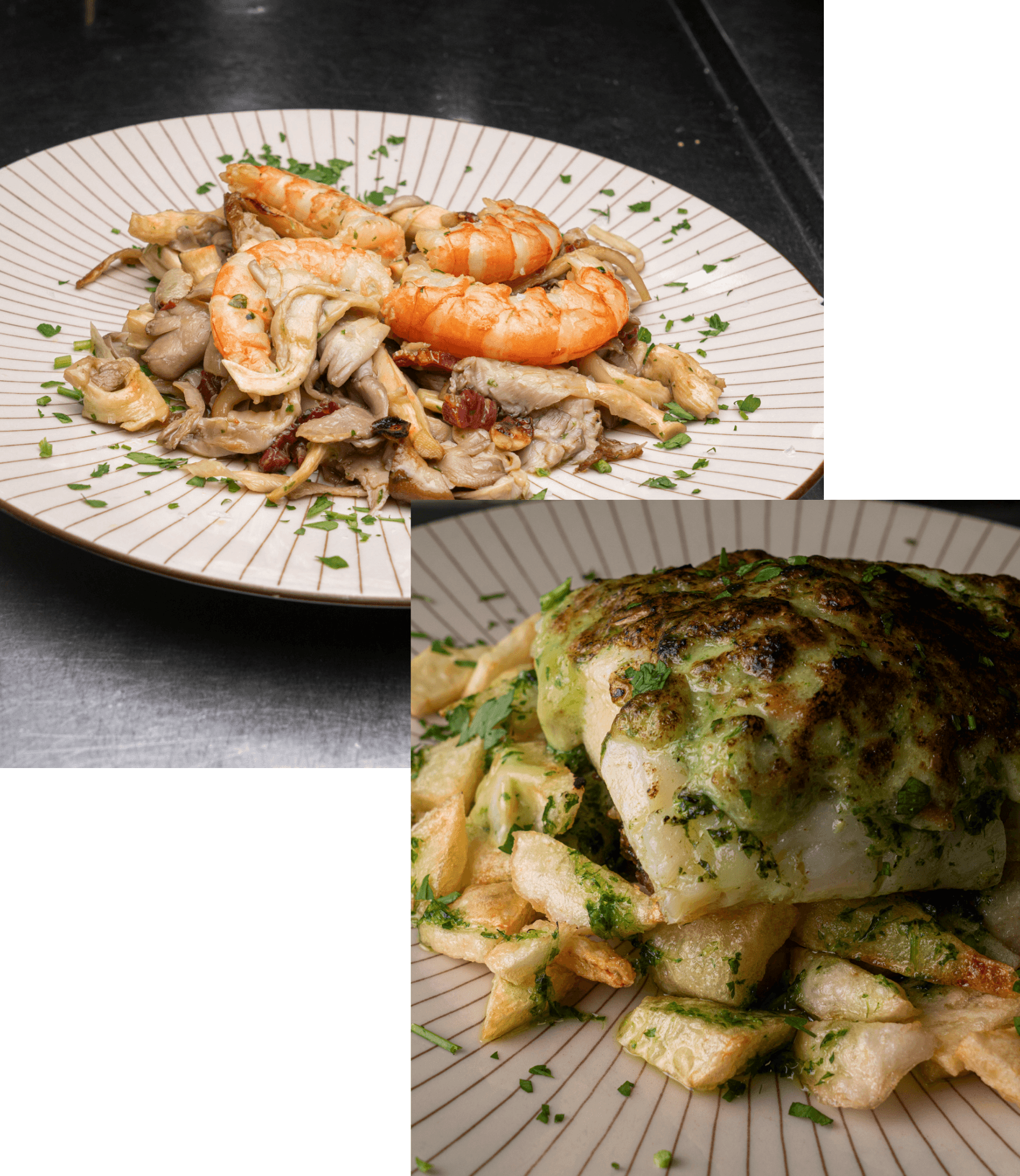 Platos del restaurante El Imperial: setas con gambón y bacalao gratinado