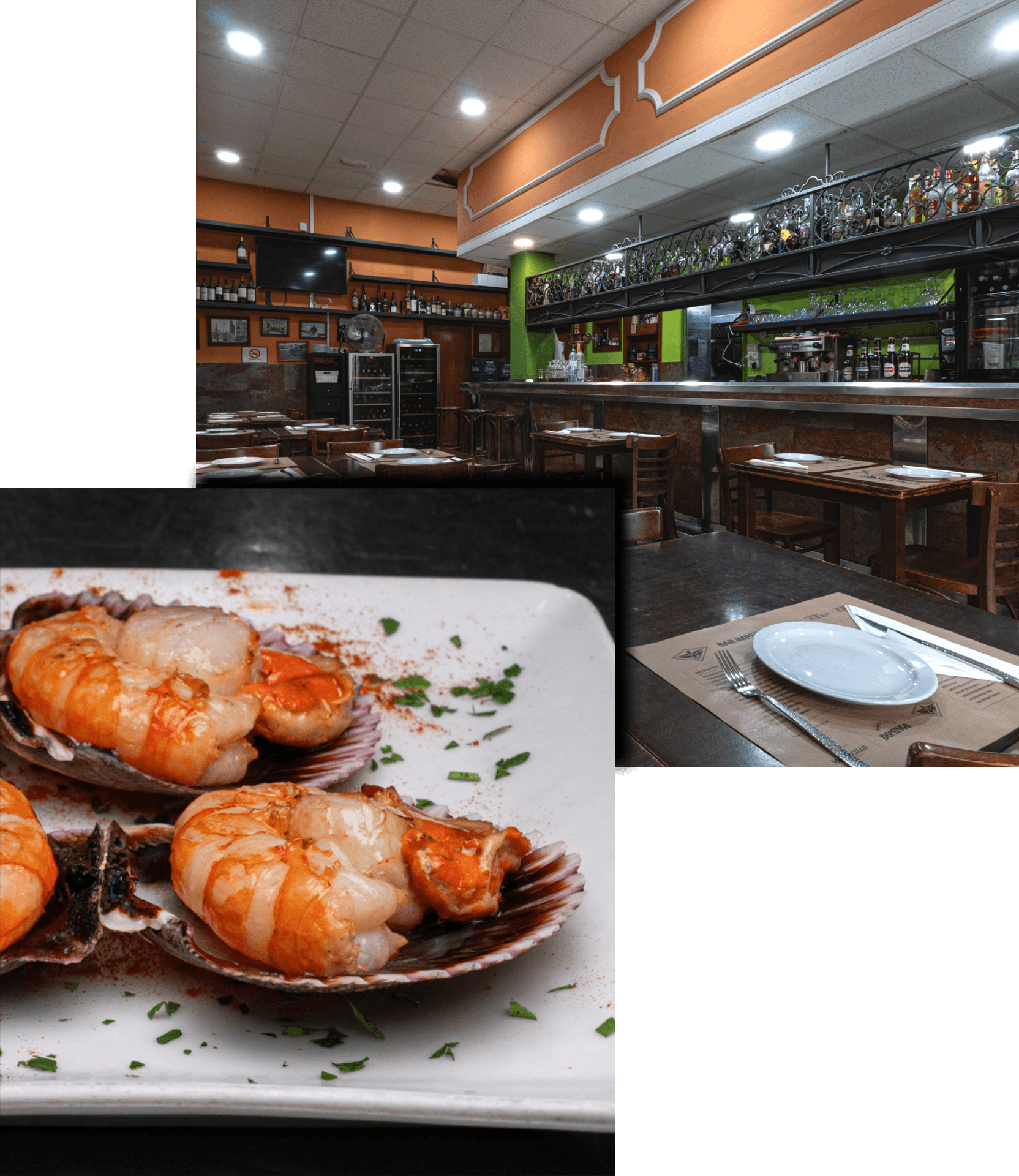 Barra del bar El Imperial y plato de zamburiñas con gambón